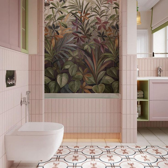 Bathroom interior featuring Rippled Brick Base 5 x 20cm wall tiles in Stony Pink with a gloss finish, installed vertically to enhance height and texture, paired with soft blush cabinetry, warm metallic accents, and a patterned floor to create a calm yet characterful space.