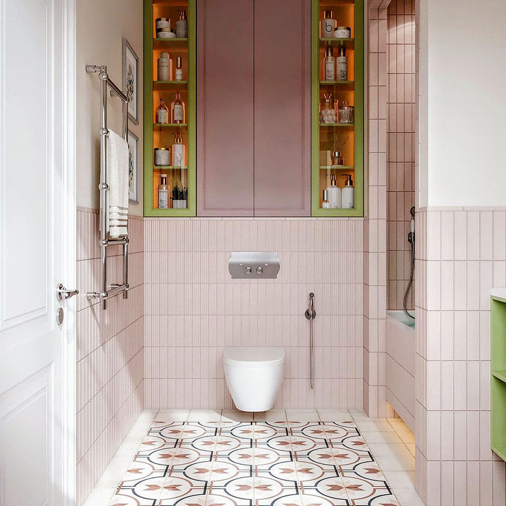 Bathroom interior featuring Carnaby Rose 20 x 20cm Victorian style floor tiles, showcasing a soft geometric pattern in blush and neutral tones, paired with vertically stacked blush wall tiles, pastel cabinetry, and layered textures to create a warm, contemporary take on classic design.