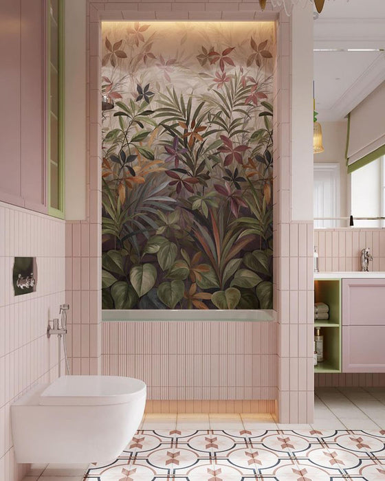 Bathroom interior featuring Rippled Brick Base 5 x 20cm wall tiles in Stony Pink with a gloss finish, installed vertically to enhance height and texture, paired with soft blush cabinetry, warm metallic accents, and a patterned floor to create a calm yet characterful space.