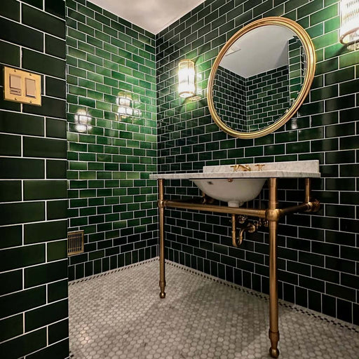 Bathroom featuring Finchley Golders Green 7.5 × 15cm ceramic wall tiles with a crackle glaze finish, laid in a classic brick pattern to create a rich, elegant and characterful bathroom interior.