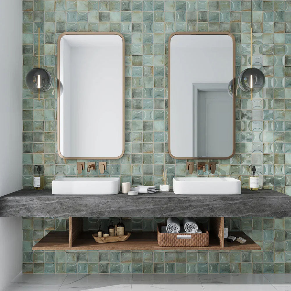 Bathroom featuring Beijing Celadon Green Decor Square 10x10cm Moroccan-style ceramic wall tiles, styled with twin basins, gold fittings and a dark stone countertop.
