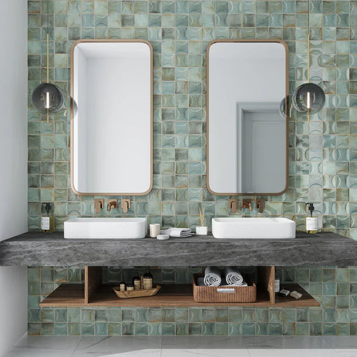 Bathroom featuring Beijing Celadon Green Decor Square 10x10cm Moroccan-style ceramic wall tiles, styled with twin basins, gold fittings and a dark stone countertop.