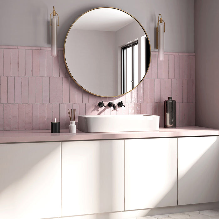 Madison Rose Brick Wall Tiles 6x24.6cm — bathroom setting featuring soft blush tones and a glossy handcrafted finish. The vertical layout enhances height and elegance, while the warm pink hue adds a subtle touch of modern luxury to any interior.