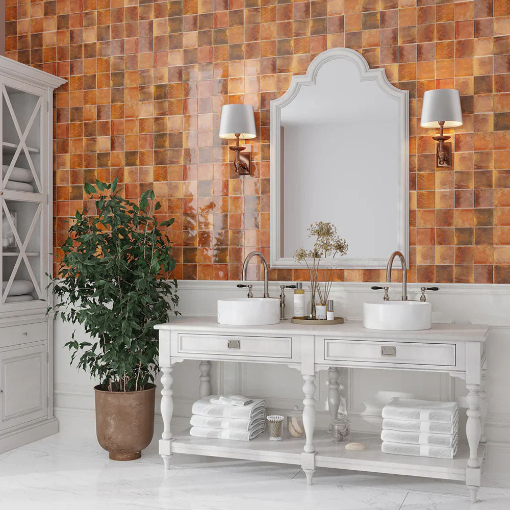 Bathroom featuring Beijing Amber Square 10x10cm Moroccan-style ceramic wall tiles, styled with twin basins, white vanity units and traditional brass fittings.