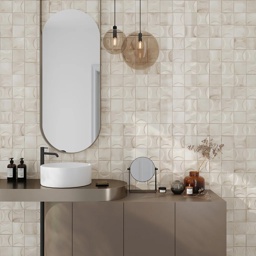 Modern bathroom featuring Beijing White Décor 10x10cm Moroccan square tiles on the wall, showcasing their raised crescent design, soft white glaze, and handcrafted texture, paired with sleek black fittings and warm ambient lighting.