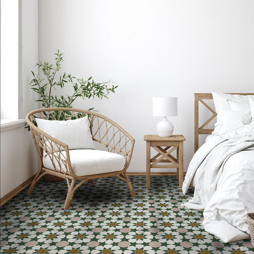 Cabana Tanane Moroccan Style 20x20cm tiles used in a bedroom setting featuring a geometric star and cross pattern in green, beige, and white tones with a matt finish, paired with light wood furniture and white bedding for a natural, calming look.
