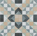 Flat lay of Belgravia Marina Plus Mosaic 28 × 28cm Victorian style patterned tiles, featuring geometric motifs in soft blue, green, beige and charcoal tones, arranged to create a detailed, structured decorative design.