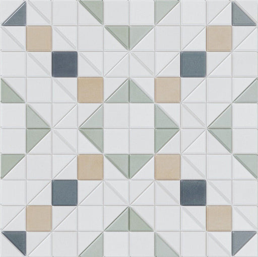 Flat lay of Belgravia Marina Mosaic 28 × 28cm Victorian style patterned tiles, featuring geometric motifs in soft green, blue and beige tones, with a structured layout creating a detailed, decorative floor design.