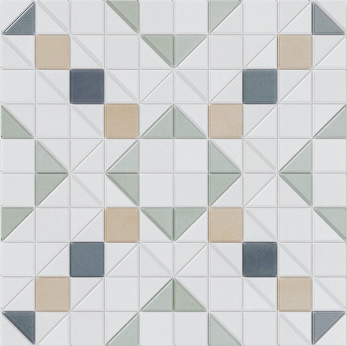 Flat lay of Belgravia Marina Mosaic 28 × 28cm Victorian style patterned tiles, featuring geometric motifs in soft green, blue and beige tones, with a structured layout creating a detailed, decorative floor design.