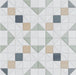 Flat lay of Belgravia Marina Mosaic 28 × 28cm Victorian style patterned tiles, featuring geometric motifs in soft green, blue and beige tones, with a structured layout creating a detailed, decorative floor design.
