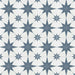 Pole Star Blue Moroccan-style 25x25cm patterned porcelain tiles arranged in a grouped layout, showcasing the repeating blue star motif on a soft white background.
