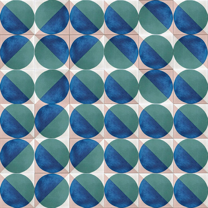 Large group image showing multiple Geometry Ocean 20x20cm geometric patterned tiles arranged in a repeating layout, featuring blue and green semicircles with sand and white corner details.
