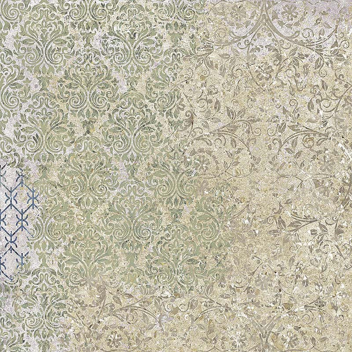 Boheme Blend 60 × 60cm patterned porcelain tile featuring a soft mix of sage, beige and aged-effect detailing, combining classic decorative motifs with a gently worn look for a subtle, characterful finish.