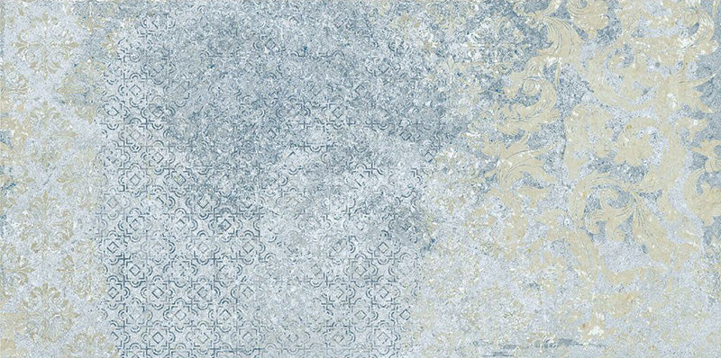 Flat lay of Boheme Blue 2cm 50 × 100cm outdoor slabs, featuring layered blue and soft neutral tones with a lightly distressed, decorative effect. Ideal for patios, terraces, and outdoor living spaces.