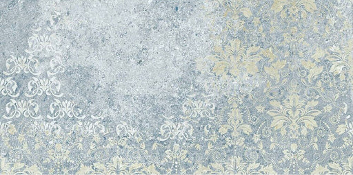 Flat lay of Boheme Blue 2cm 50 × 100cm outdoor slabs, featuring layered blue and soft neutral tones with a lightly distressed, decorative effect. Ideal for patios, terraces, and outdoor living spaces.