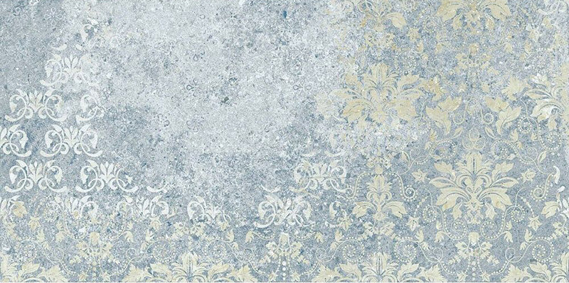 Flat lay of Boheme Blue 2cm 50 × 100cm outdoor slabs, featuring layered blue and soft neutral tones with a lightly distressed, decorative effect. Ideal for patios, terraces, and outdoor living spaces.