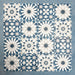 Patchwork layout of Soukaina Blue A Moroccan-style 20cm x 20cm patterned porcelain tiles, combining multiple geometric star designs in blue, white and soft grey tones with a matt finish.