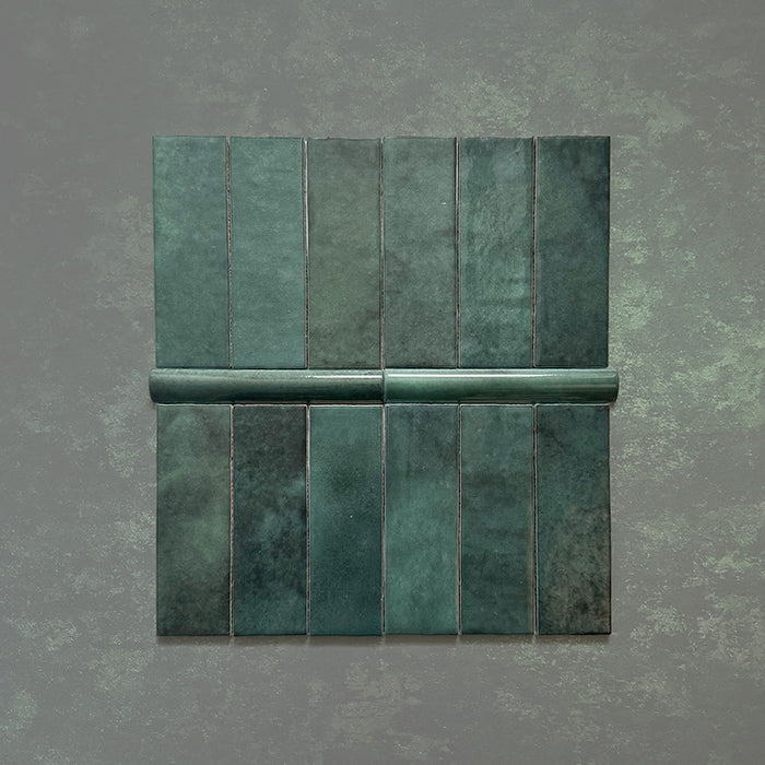 Zellij Gloss Green bullnose Moroccan style tiles, 3cm x 20cm, deep green colour with natural tonal variation, glossy glazed finish, rounded bullnose edge trim, handcrafted-look ceramic detail.