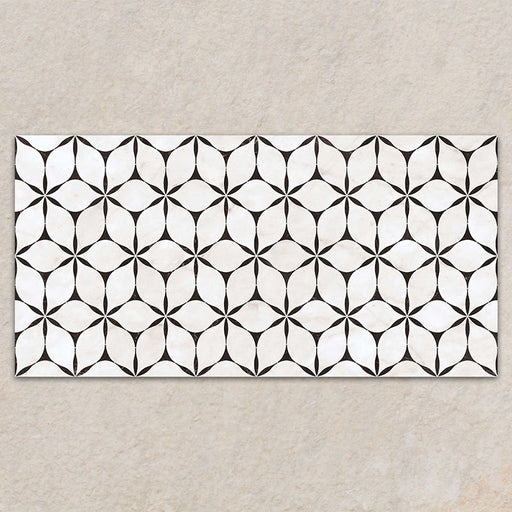Bassano Flowers 3D Décor 60 × 120cm patterned wall and floor tile featuring an intricate geometric floral design in soft white and dark contrasting tones with a contemporary decorative finish.