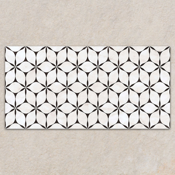 Bassano Flowers 3D Décor 60 × 120cm patterned wall and floor tile featuring an intricate geometric floral design in soft white and dark contrasting tones with a contemporary decorative finish.
