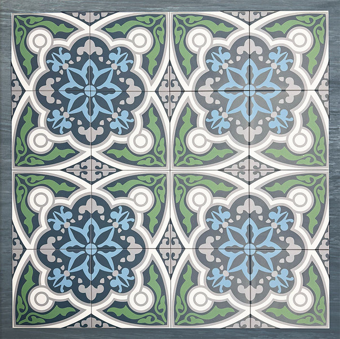 Group of Europa Bucharest 20x20cm Victorian Moroccan style tiles arranged together to showcase the repeating ornamental pattern in blue, green, grey and white tones, displayed against a textured blue background.