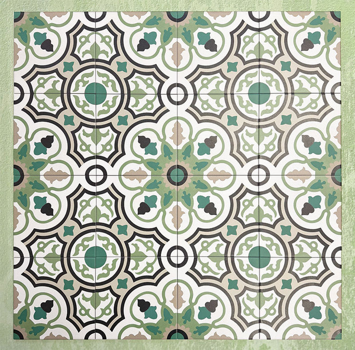 Group of Europa Budapest 20x20cm Victorian Moroccan style tiles arranged together to showcase the repeating geometric pattern in green, cream, black and taupe tones, displayed against a textured green background.