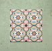 Cabana Paradise 20x20cm Moroccan-style ceramic tiles shown as a four-tile display, featuring a pink, green, and mustard floral pattern on a soft green background.