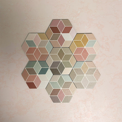 Arrangement of Candy Colours multicoloured hexagon patchwork Moroccan-style porcelain tiles in a 17x15cm format, showcasing a mix of soft pastel tones and geometric shapes.
