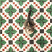 Top-down view of Geometry Green Clover 20x20cm patterned tiles showcasing the repeating geometric design in green, white and red tones, with a cat centred on the floor to highlight scale and pattern.