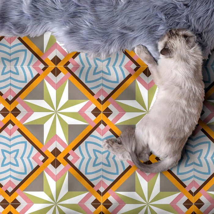 Cabana Star 20x20cm Moroccan-style ceramic floor tiles in multicolour geometric design, shown with a cat resting on a soft grey rug.
