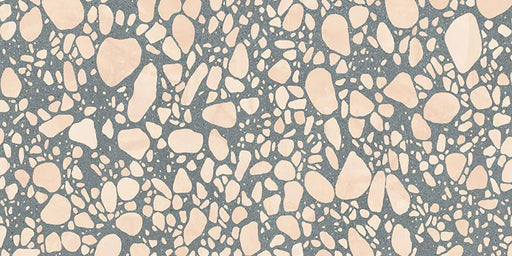 Close-up of Chunks POP Terrazzo Green 60 × 120cm terrazzo-effect porcelain tiles, featuring a muted green base with oversized blush pink and cream aggregate detailing for a playful contemporary finish.
