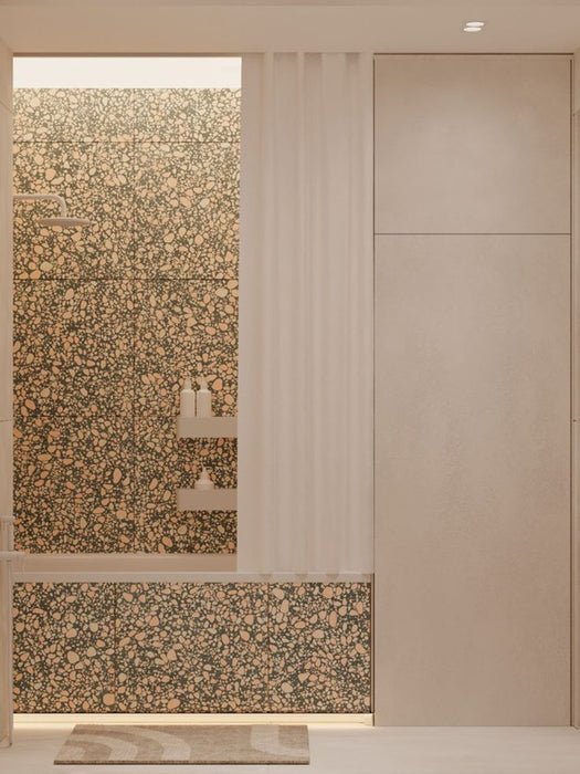 Bathroom featuring Chunks POP Terrazzo Green 60cm x 60cm terrazzo effect wall tiles, paired with a minimalist walk-in shower, concealed storage, soft neutral finishes and warm indirect lighting for a contemporary spa-inspired look.