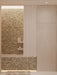 Bathroom featuring Chunks POP Terrazzo Green 60cm x 60cm terrazzo effect wall tiles, paired with a minimalist walk-in shower, concealed storage, soft neutral finishes and warm indirect lighting for a contemporary spa-inspired look.
