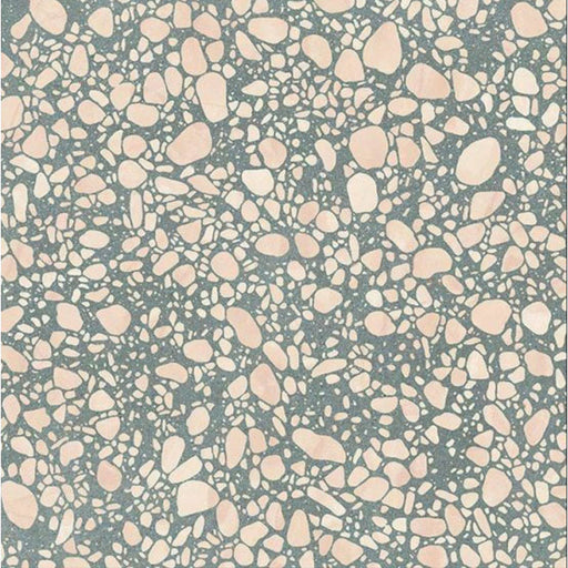 Close-up of Chunks POP Terrazzo Green 60 × 60cm terrazzo-effect porcelain tiles, showcasing a playful green base with scattered blush pink and cream aggregate detailing for a bold contemporary surface design.