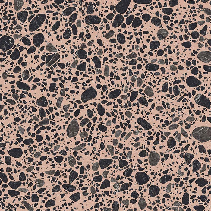 Close-up of Chunks POP Terrazzo Pink 60 × 60cm terrazzo-effect porcelain tiles, featuring a soft blush pink base with scattered black and charcoal aggregate detailing for a bold contemporary finish.