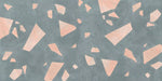 Close-up of Chunks ROCK Terrazzo Green 60 × 120cm terrazzo-effect porcelain tiles, featuring a muted green base with oversized blush pink terrazzo fragments for a bold, contemporary statement surface.
