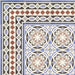 Empire Blue 15x15cm Victorian border tile close-up showing intricate interlocking ovals and leaf motifs in blue, terracotta, white, and charcoal tones, paired with the matching patterned floor tiles for a traditional heritage look.