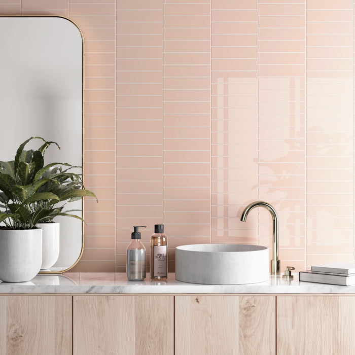 Rippled Brick Base Tile | Stony Pink | Gloss | 5cm x 20cm