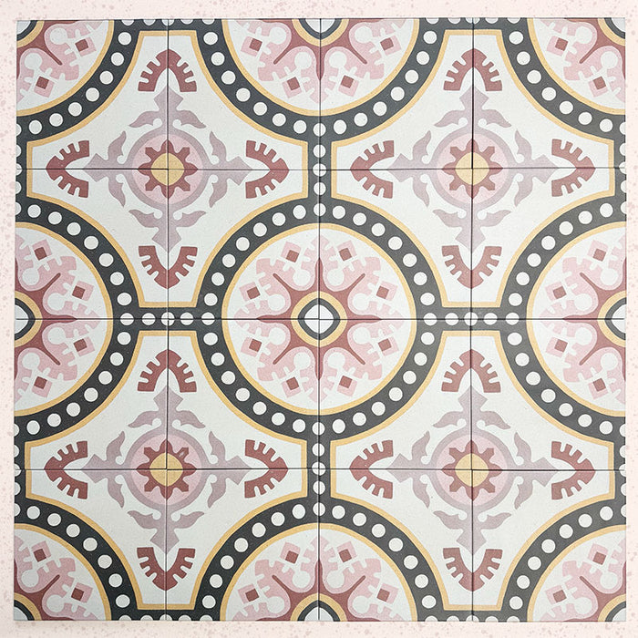 Group of Europa Dortmund 20x20cm Victorian Moroccan style tiles arranged together to showcase the repeating decorative pattern in red, cream, black and mustard tones, displayed against a textured blush background.