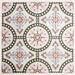 Group of Europa Dortmund 20x20cm Victorian Moroccan style tiles arranged together to showcase the repeating decorative pattern in red, cream, black and mustard tones, displayed against a textured blush background.