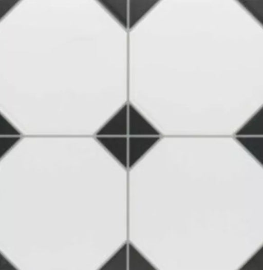 Close-up of Durham Black 33 × 33cm Victorian style porcelain floor tiles, showcasing a classic black and white geometric pattern with octagonal shapes and inset details for a timeless, decorative finish.