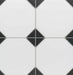 Close-up of Durham Black 33 × 33cm Victorian style porcelain floor tiles, showcasing a classic black and white geometric pattern with octagonal shapes and inset details for a timeless, decorative finish.