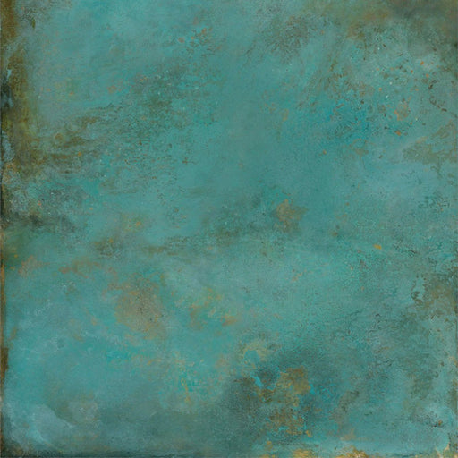 Close-up of Elements Oxide 2cm thick porcelain floor tile featuring a metallic effect finish with rich turquoise, teal and oxidised copper tones, creating a beautifully weathered industrial-inspired surface for outdoor spaces.