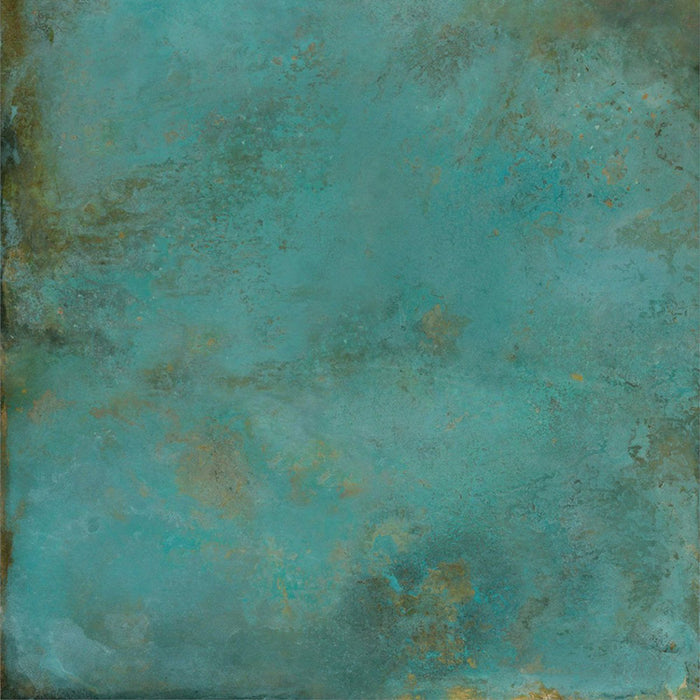 Close-up of Elements Oxide 2cm thick porcelain floor tile featuring a metallic effect finish with rich turquoise, teal and oxidised copper tones, creating a beautifully weathered industrial-inspired surface for outdoor spaces.