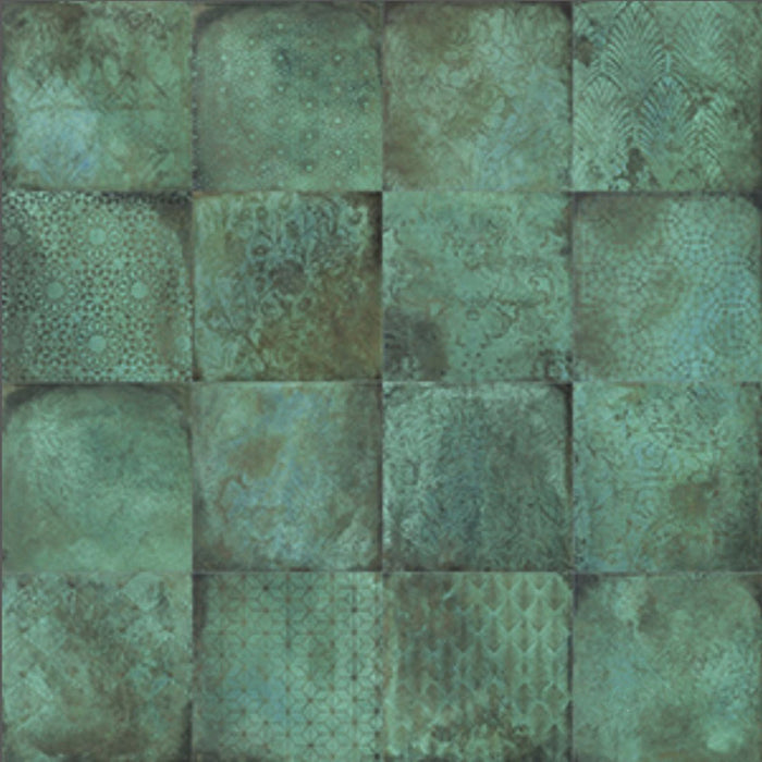 Close-up of Elements Oxide Patterns 30cm x 30cm metallic effect porcelain tiles, featuring decorative etched patterns in rich blue-green tones for striking contemporary wall and floor designs.