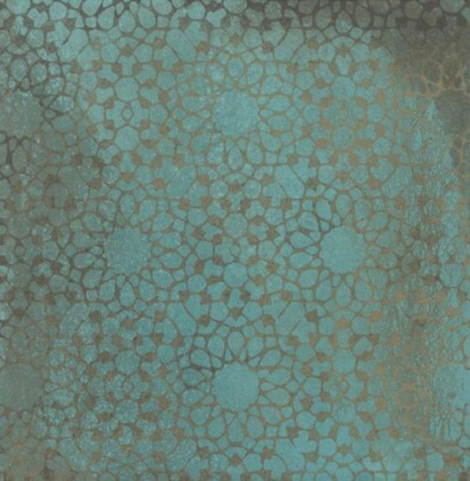 Close-up of Elements Oxide Patterns 30cm x 30cm metallic effect porcelain tile, featuring intricate etched geometric patterns in rich blue-green tones for contemporary statement wall and floor designs.