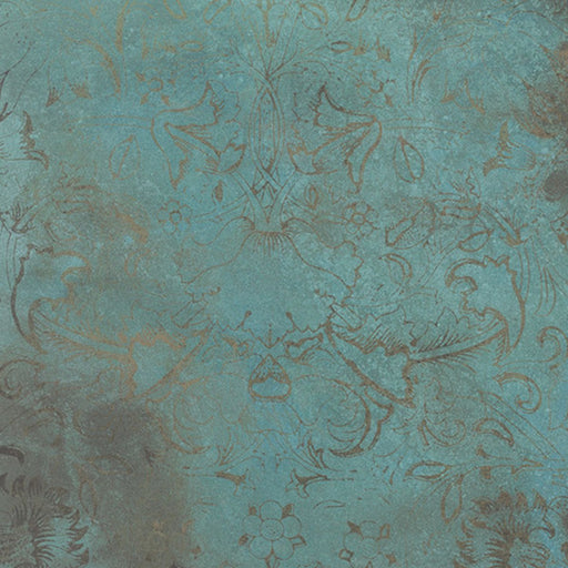 Close-up of Elements Oxide Patterns 30cm x 30cm metallic effect porcelain tile, featuring intricate etched geometric patterns in rich blue-green tones for contemporary statement wall and floor designs.