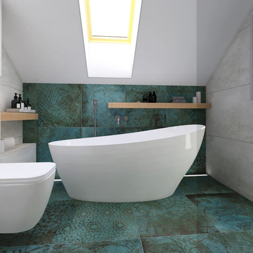 Contemporary bathroom featuring Elements Oxide Patterns 60cm x 60cm metallic effect porcelain wall and floor tiles, paired with a freestanding bath, concrete effect walls, floating timber shelf and skylight.