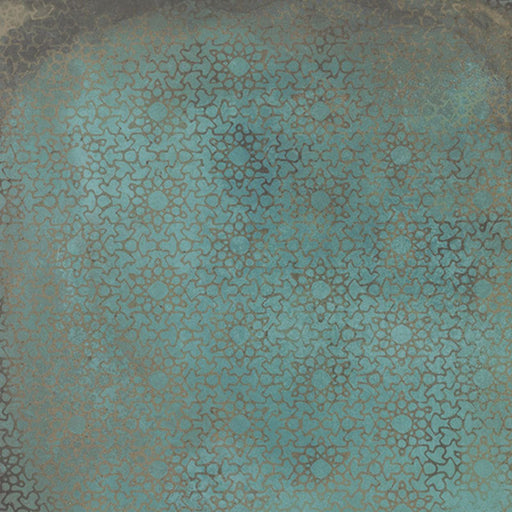 Close-up of Elements Oxide Patterns 60cm x 60cm metallic effect porcelain tile, featuring an etched Art Deco-inspired fan pattern in rich blue-green tones for contemporary statement wall and floor designs.