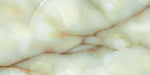 Close-up of Fantasia Jade Green Onyx Polished 60 × 120cm stone effect tile, featuring soft green tones with flowing gold and amber veining, creating a layered, organic pattern with a high-gloss polished finish.